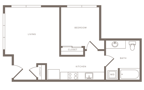Floor plan for 1 bed, 1 bath, 627 sqft